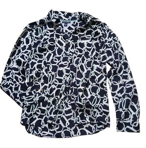 Tommy Hilfiger Qomen's Size Extra Large Navy and White Patterned Button-Up Shirt